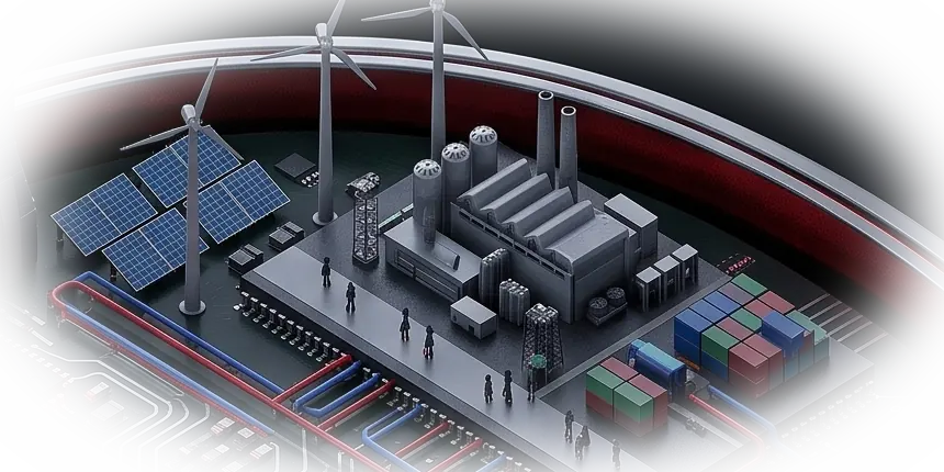 An operational field of wind turbines, solar arrays and a facility wired into the board — intelligence at work