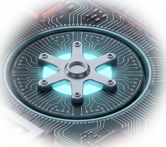 A glowing circular processor core wired into the circuit board — the data hub